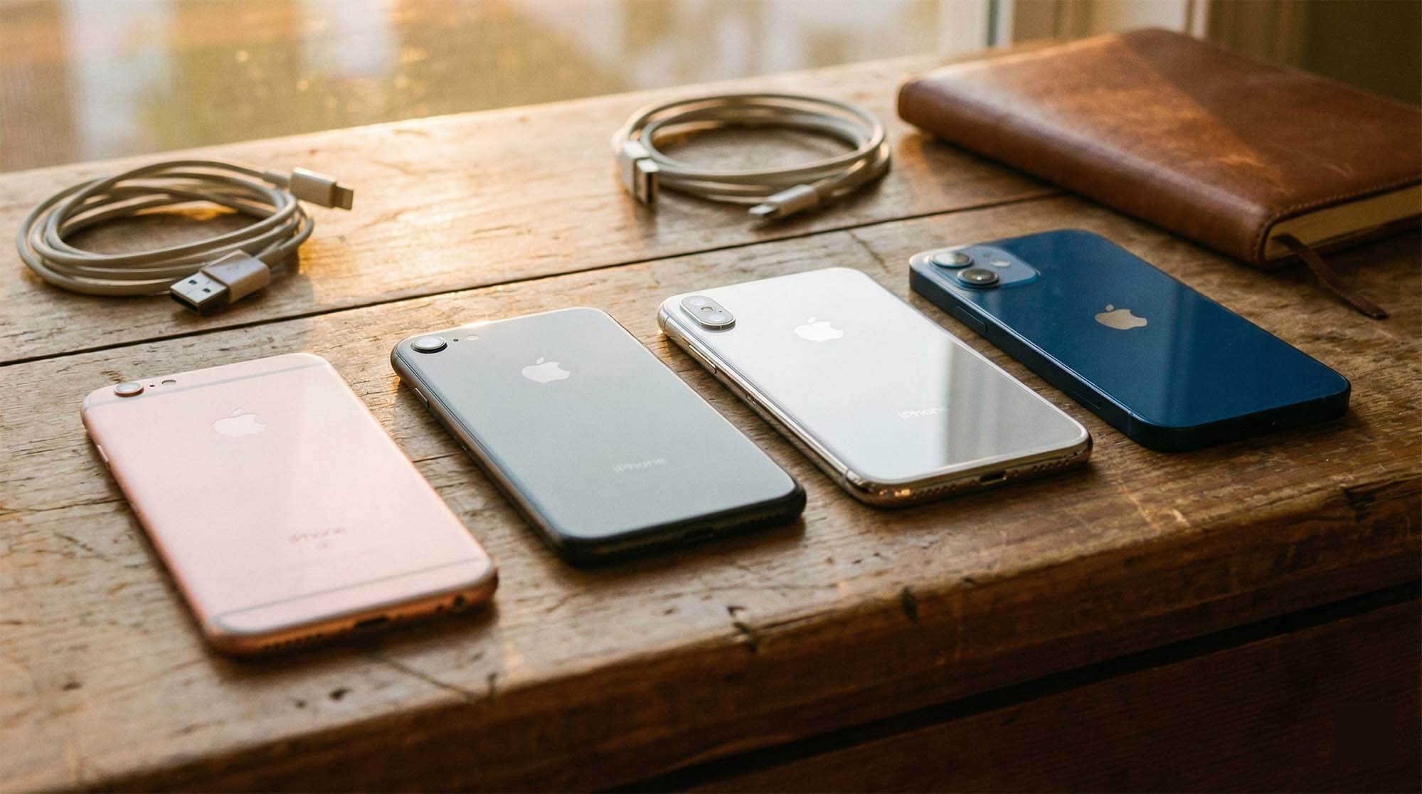 多款舊型號iPhone如6s至12排列在桌上